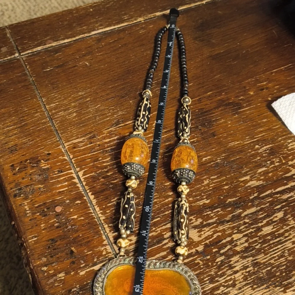 Vintage Amber , Metal Wood Statement Necklace - Picture 8 of 11